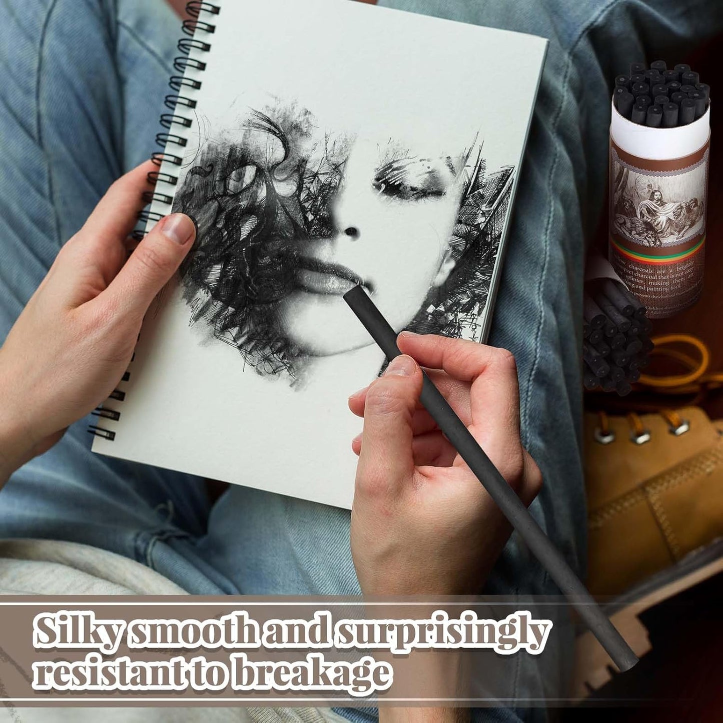 Gueevin 50 Pcs Willow Charcoal Sticks, Willow Charcoal, Artists, Beginners, Students, Perfect for Sketching, Drawing, Shading, and Fine Art Christmas Gifts for Art (5-7mm)