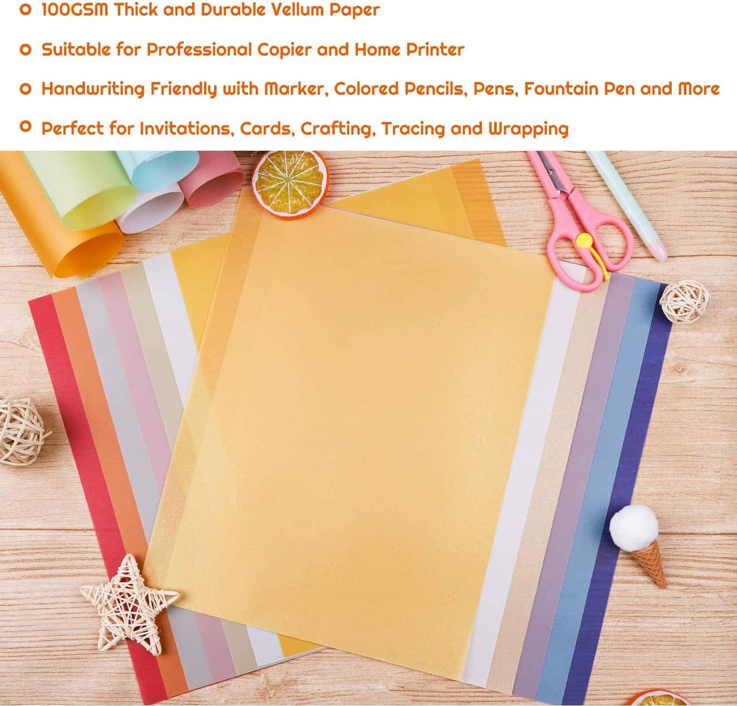 Shynek Colored Vellum Paper, 50 Sheets, 10 Colors, 8.5 x 11, Transparent, Printable, Clear Vellum Sheets for Ink Jet & Laser Printer