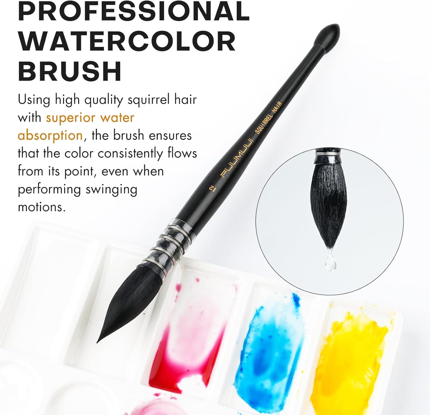 Professional Watercolor Brush, Fuumuui Natural Squirrel Hair Mop Brush, Round Quill Detail Fine Tip Watercolor Paint Brush for Water Color Gouache Ink Painting - Sizes #8