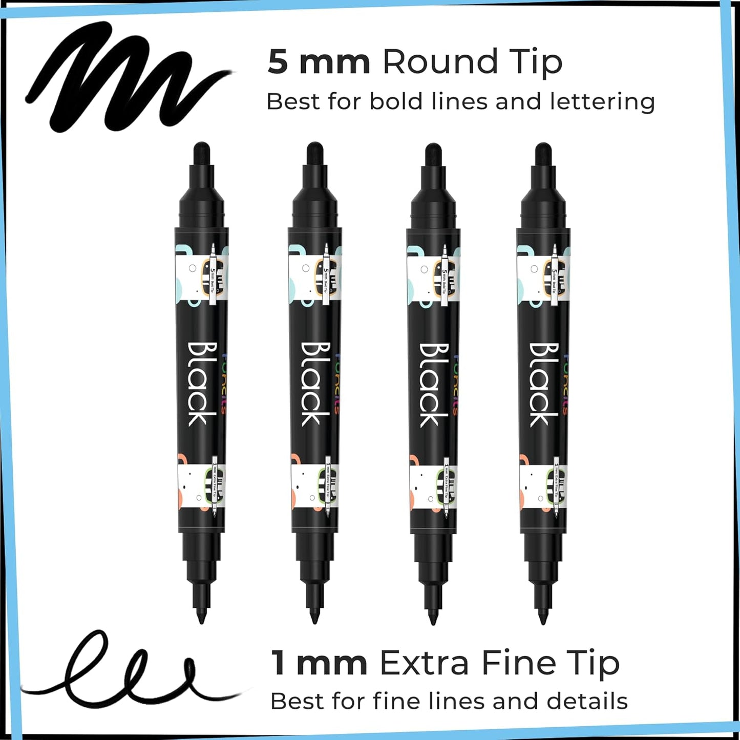 4 Dual Tip Black Paint Pens - Fine Point & Medium - Black Paint Marker for Fabric, Wood, Rock Painting, Canvas, Plastic, Glass, Tire and Shoes - Acrylic Pens for Kids & Adults