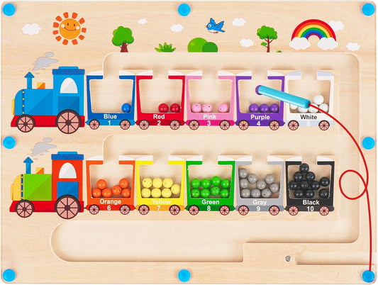 Magnetic Color and Number Maze, Montessori Toys for 2 3Year Old, Wooden Toddler Magnet Puzzles for Kids Girls Boys 2-4 3-5, Magnetic Board Train Learning Toys Birthday Gifts