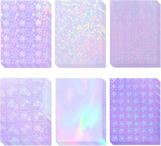 36 Sheets Holographic Sticker Paper, Clear Vinyl Sticker Laminate Film Self-Adhesive, Transparent Overlay Lamination Sticker Paper Waterproof, 6 Patterns-8.5x11 Inch