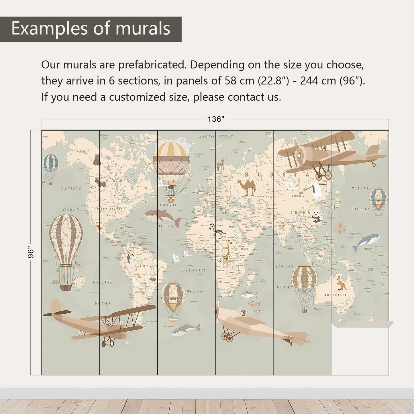 AFZEVEB-Vintage Animal Wallpaper Cartoon Aircraft Map Wall murals for Kids Room 136"x96"(Not Peel and Stick)
