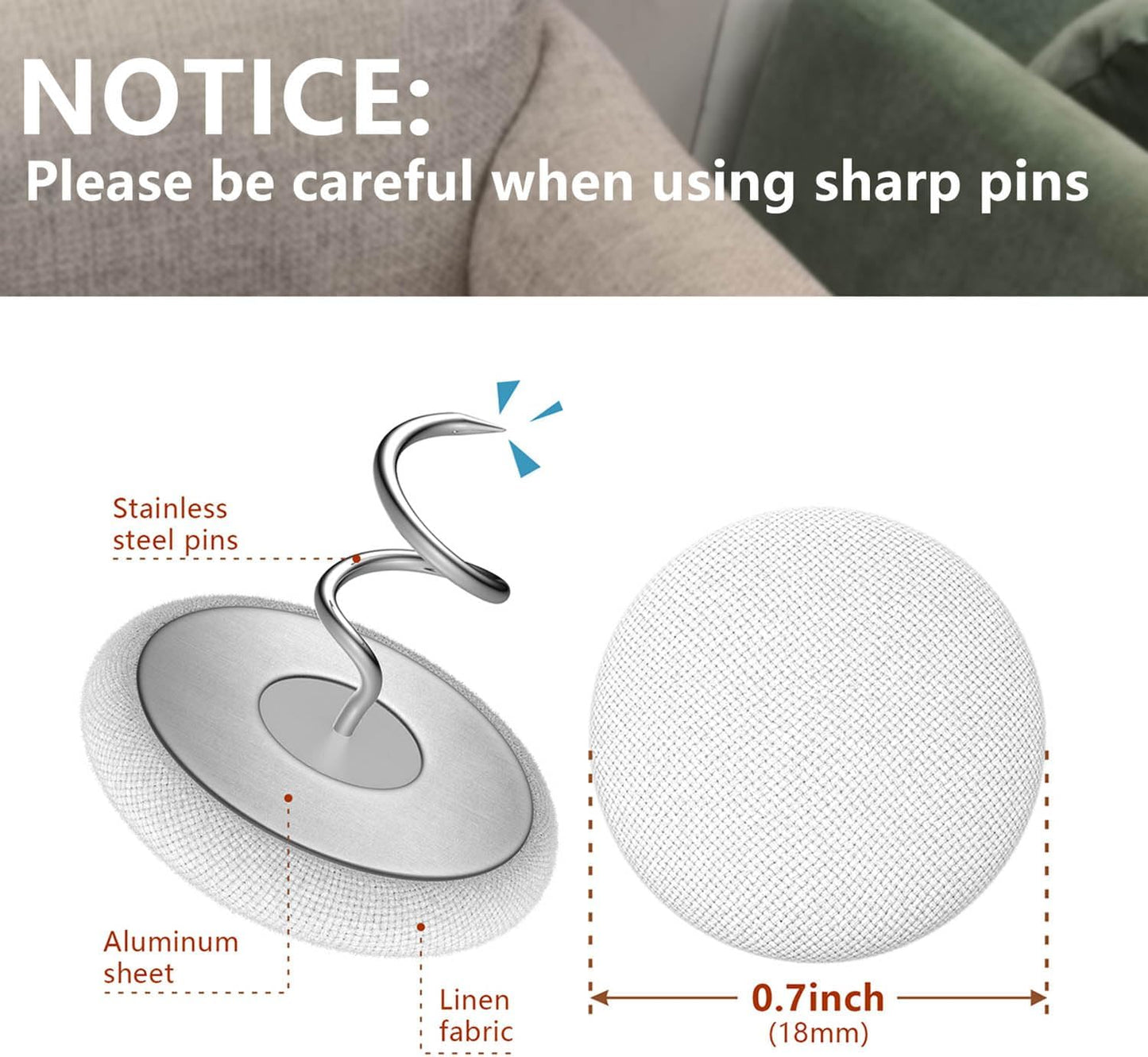 Linen Fabric-Covered Twist Pins - 8 Colors Upholstery Pins & Bed Skirt Pins -Used to Secure Sofa Cushion, Armrest Covers, Furniture & Bed Skir(12, Brown)