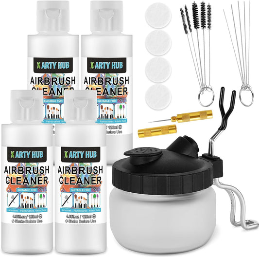 X ARTY HUB Airbrush Cleaning Kit - 4 * 4.05 fl oz / 120 ml Airbrush Cleaner with Glass Cleaning Pot, Easily Handle Water-Based and Acrylic Paints, for Airbrushes & Other Artistic Tools