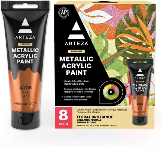 Arteza Metallic Acrylic Paint, Set of 8 Floral Brilliance Colors 4 oz Tubes, Rich Pigments, Non Fading, Non Toxic Paints for Artists & Hobby Painters