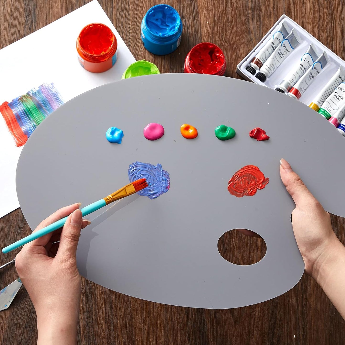 Honoson 2 Pack 11.8 x 15.7 Inch Acrylic Paint Palette with Thumb Hole Clear Paint Pallet, Easy to Clean Non Stick Artist Pallet for Oil Watercolor Craft DIY Painting Palette (Oval)