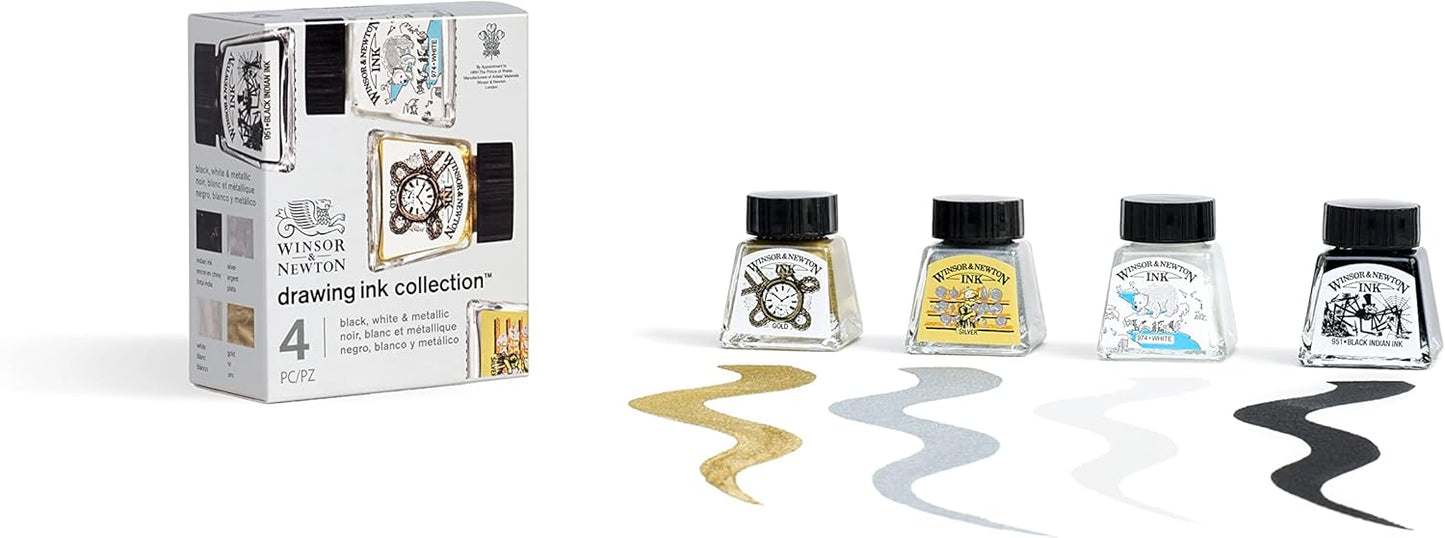 Winsor & Newton Collection Drawing Ink Set, Set of 4, Black, White, Metallic Tones
