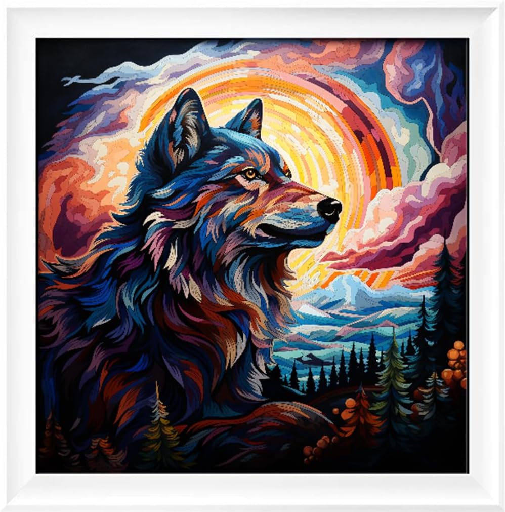 Leczany Cross Stitch Stamped Kit for Adults or Kids - Colorful Wolf Trail | DIY Embroidery Starter Patterns Craft Kit Needlepoint for Beginner | 11CT, 3 Strands | 14.2x14.6 inches