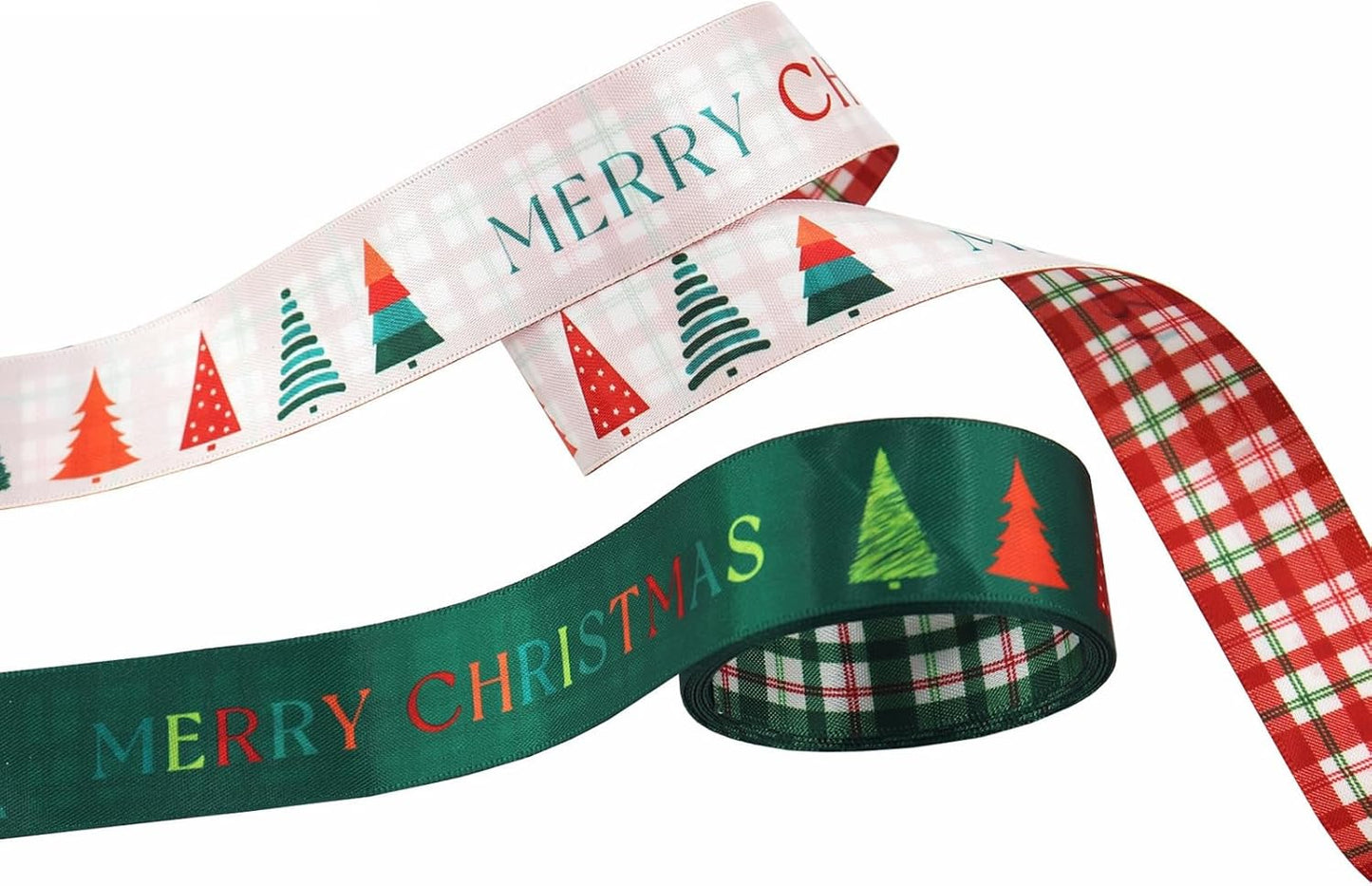 Christmas Gift Wrapping Ribbon, Red, Green, 2 Rolls Printed Grosgrain Ribbons for Crafts, Floral Bouquets, Sewing, Party and Festive Holiday Decor (2 Rolls(Green/White), 1 Rolls=1in * 5Yards)