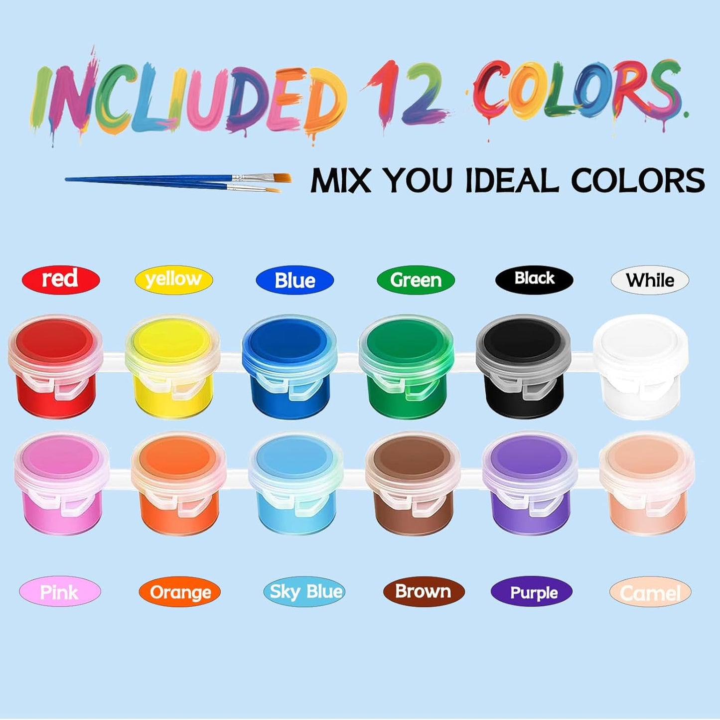 OLINGYOU 50 Pack Mini Acrylic Paint Set, 12 Colors Washable Paint Strips for Kids & Adults - Includes 100 Brushes, 600 PCS Kids Paint Kits for Easter Eggs, Birthday, Classroom Party，School Supplies