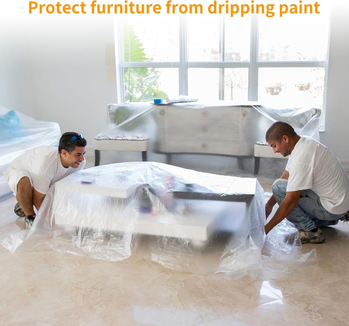 Pre-Taped Masking Film 2 Pack Each 10 x 65 feet Rolls, Tape and Drape, Painters Plastic Sheeting Drop Cloth for Automotive Painting Covering, House Decoration Furniture Floor Dustproof Cover