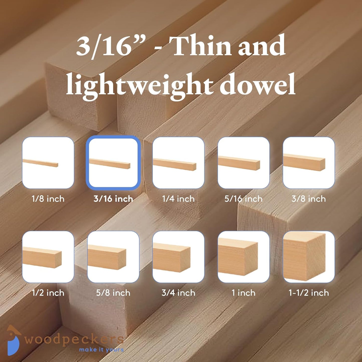 Wood Square Dowel Rods 3/16-inch x 36 Pack of 250 Wooden Craft Sticks for Crafts and Woodworking by Woodpeckers