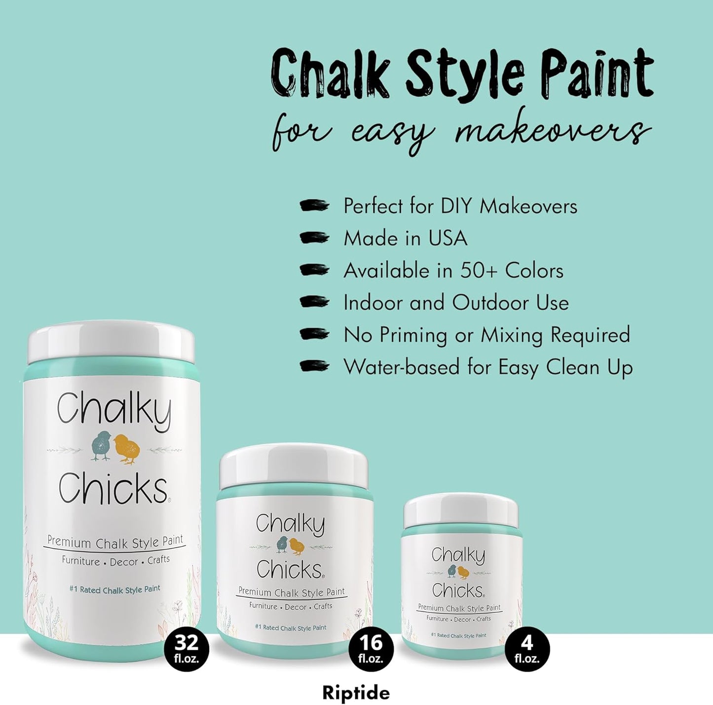 Chalky Chicks All-in-One Chalk Paint for Furniture or Cabinet - 16 Fl Oz - Matte Finish Riptide (Green Blue) for Metal, Wood Furniture Paint - No Sanding All-in-One for Home Decor & Crafts, USA Made