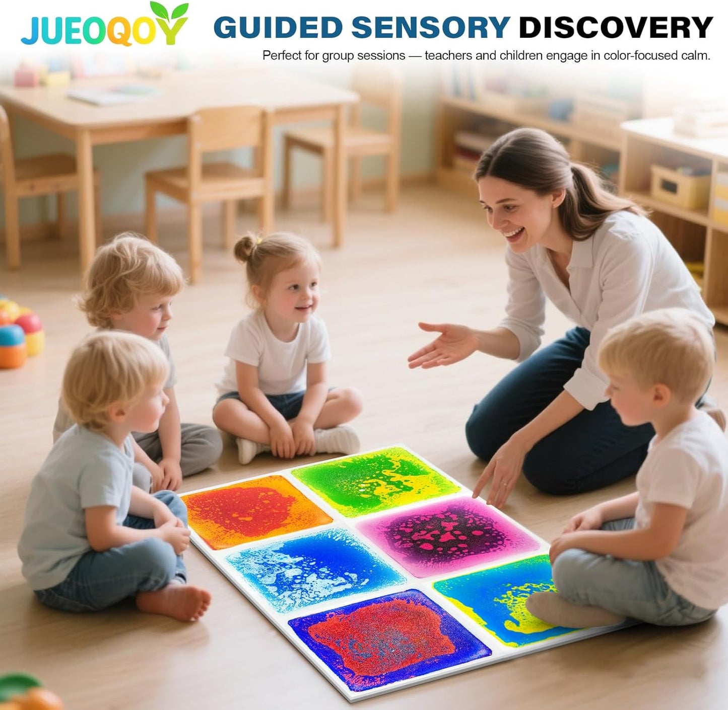Liquid Sensory Floor Tiles for Kids Ages 3+, 12" Step-On Tiles with Non-Slip Base, Interactive Color-Flow, Assorted Colors, Classroom Sensory Path Set (6-Pack)