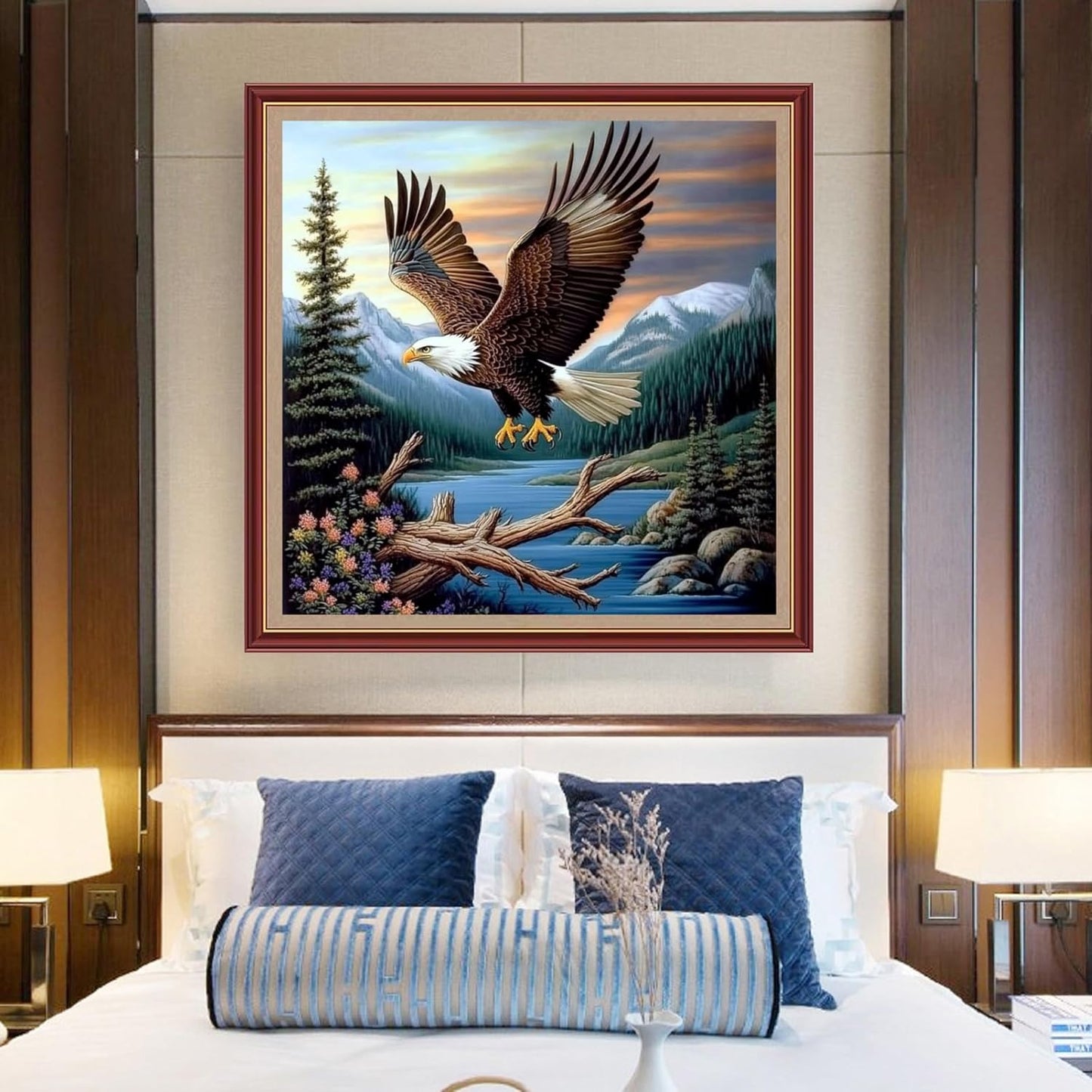 DMCXART Counted Cross Stitch Kits for Adults Needlepoint Kits Unprinted Cross Stitching Embroidery Kit 11CT Cross Stitch Supplies-Eagle Forest Flying 18x18 inch