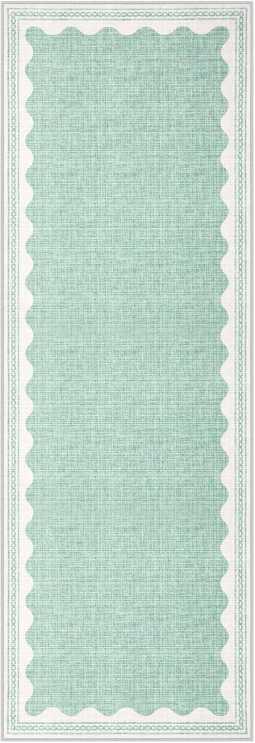 Scalloped Rug 2.5x8 Runners for Hallways, Solid Green Runner Rugs Non Slip Scalloped Bath Runner, Washable Mat for Bedroom Girls, Rugs for Kitchen Floor Soft Dorm Nursery Carpet for Bedside