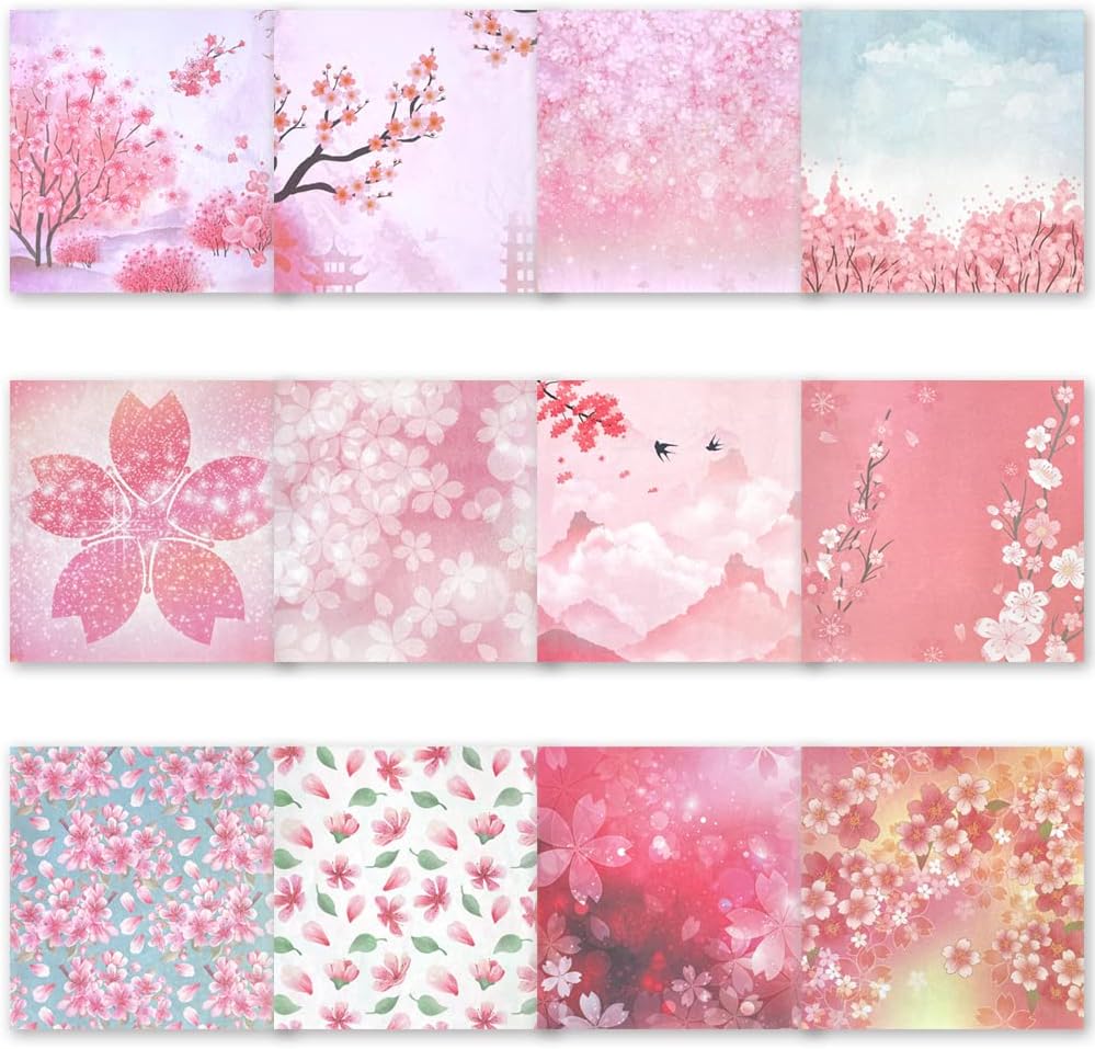 Origami 6x6 Paper Kit 50 Sheets 12 Vivid Colors Double Sided Printed Traditional Patterns Square for Arts Crafts Projects, Japanese Sakuras Flowers Chiyo