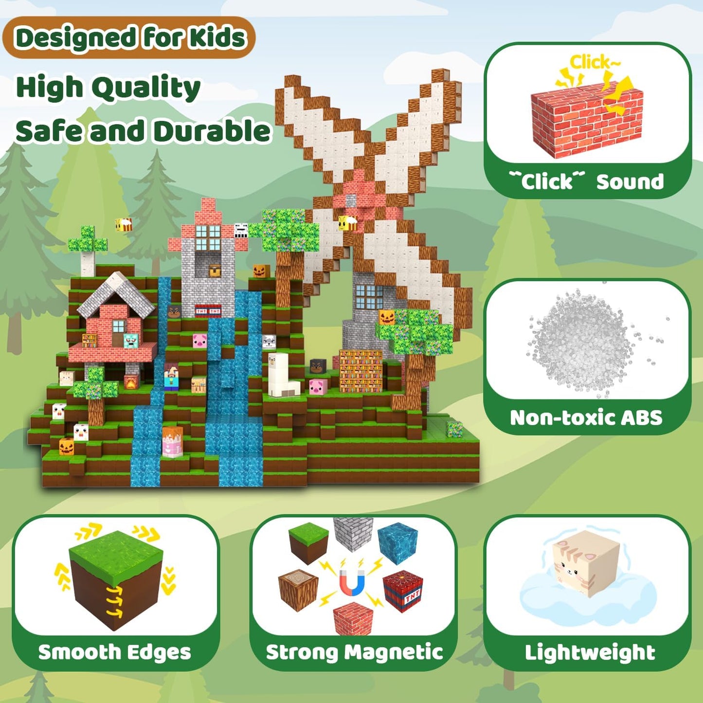 Magnetic Blocks, Magnetic Tiles Building Blocks, Magnet Cubes STEM Sensory Game Toys Christmas Birthday Gifts for Kids Boys Girls Age 3+ (Forest H)