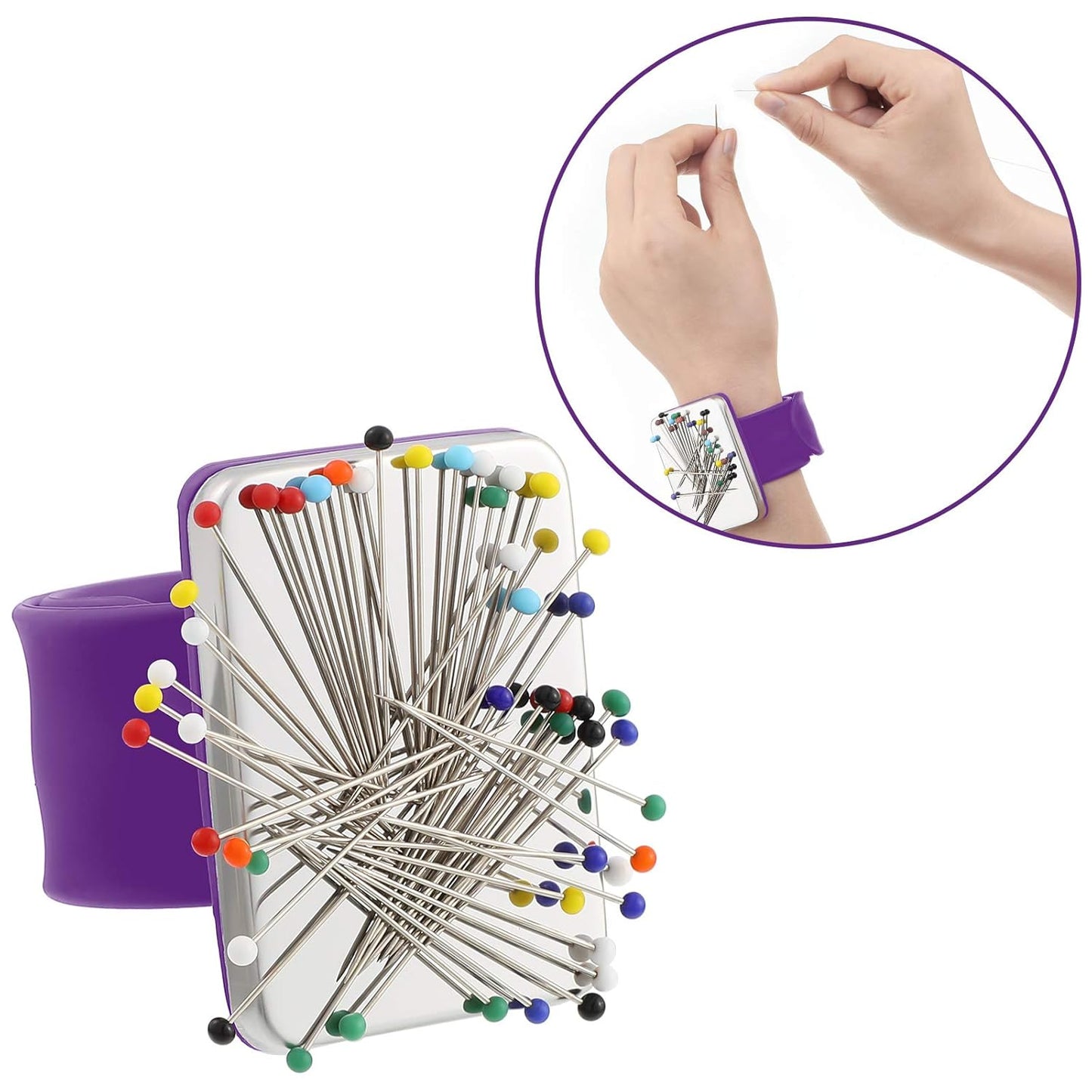 Magnetic Wrist Sewing Pincushion Wrist Magnetic Pin Holder Wristband Pin Cushion Holder with 3 Pieces Stainless Steel Pintail Comb Rat Tail Comb for Hair Clips Sewing, Daily Hand Sewing (Purple)