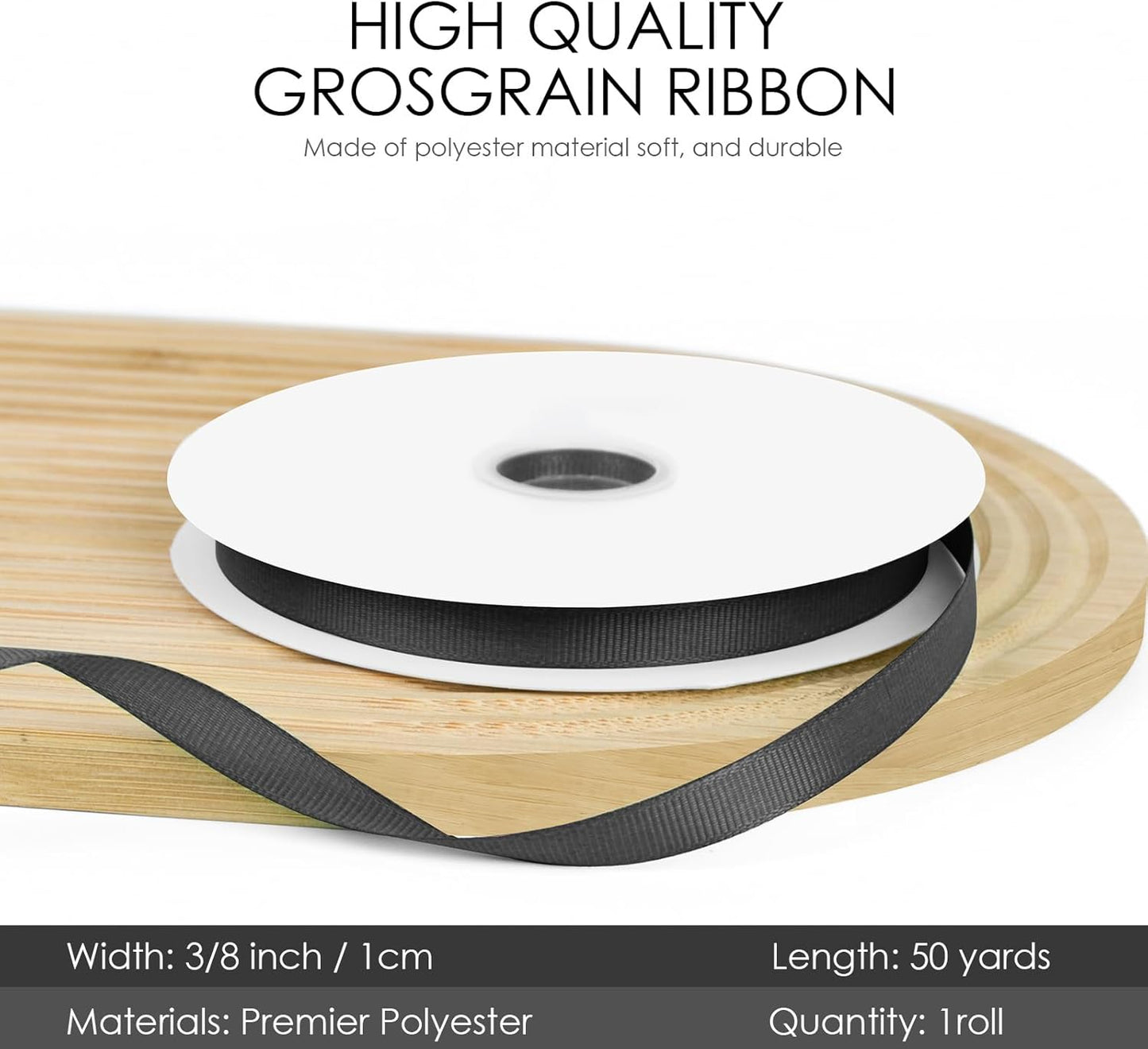 50 Yards 3/8 inch Grosgrain Ribbon, Solid Color Fabric Ribbon Perfect for Gift Wrapping, Wedding, Handmade Bows, Floral Bouquets and Party Decoration(Black)
