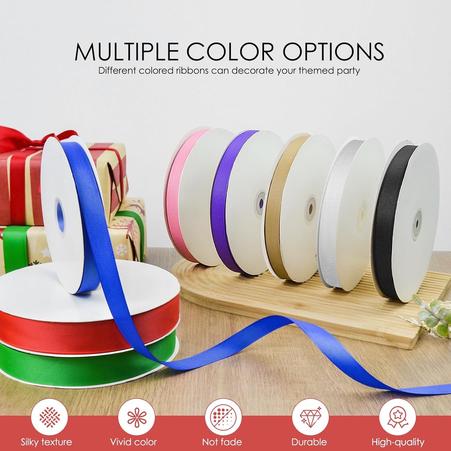 50 Yards 3/8 inch Grosgrain Ribbon, Solid Color Fabric Ribbon Perfect for Gift Wrapping, Wedding, Handmade Bows, Floral Bouquets and Party Decoration(red)