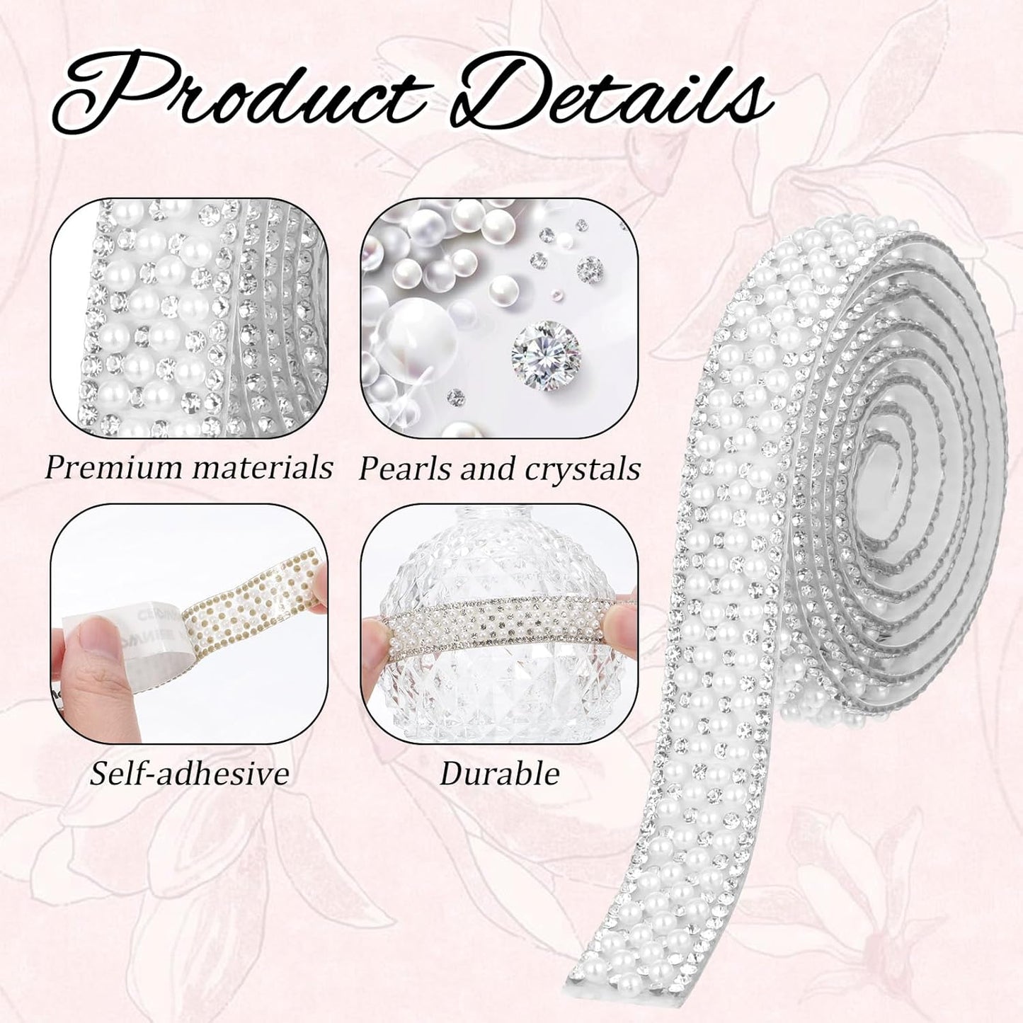 3 Rolls Pearl Rhinestone Ribbon Self Adhesive Pearl Crystal Strips Sticker Bling Pearls Strips Trims Diamond Pearls Tape for DIY Phone Clothing Crafts (3 Yard x 0.59 Inch)
