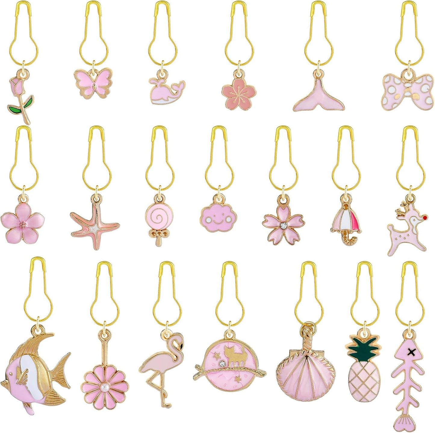 BEEFLYING 20Pcs Cute Mixed Pink Stitch Markers, Alloy Enamel Knitting Stitch Marker Charms Pendants for Sewing Crocheting and Knitting