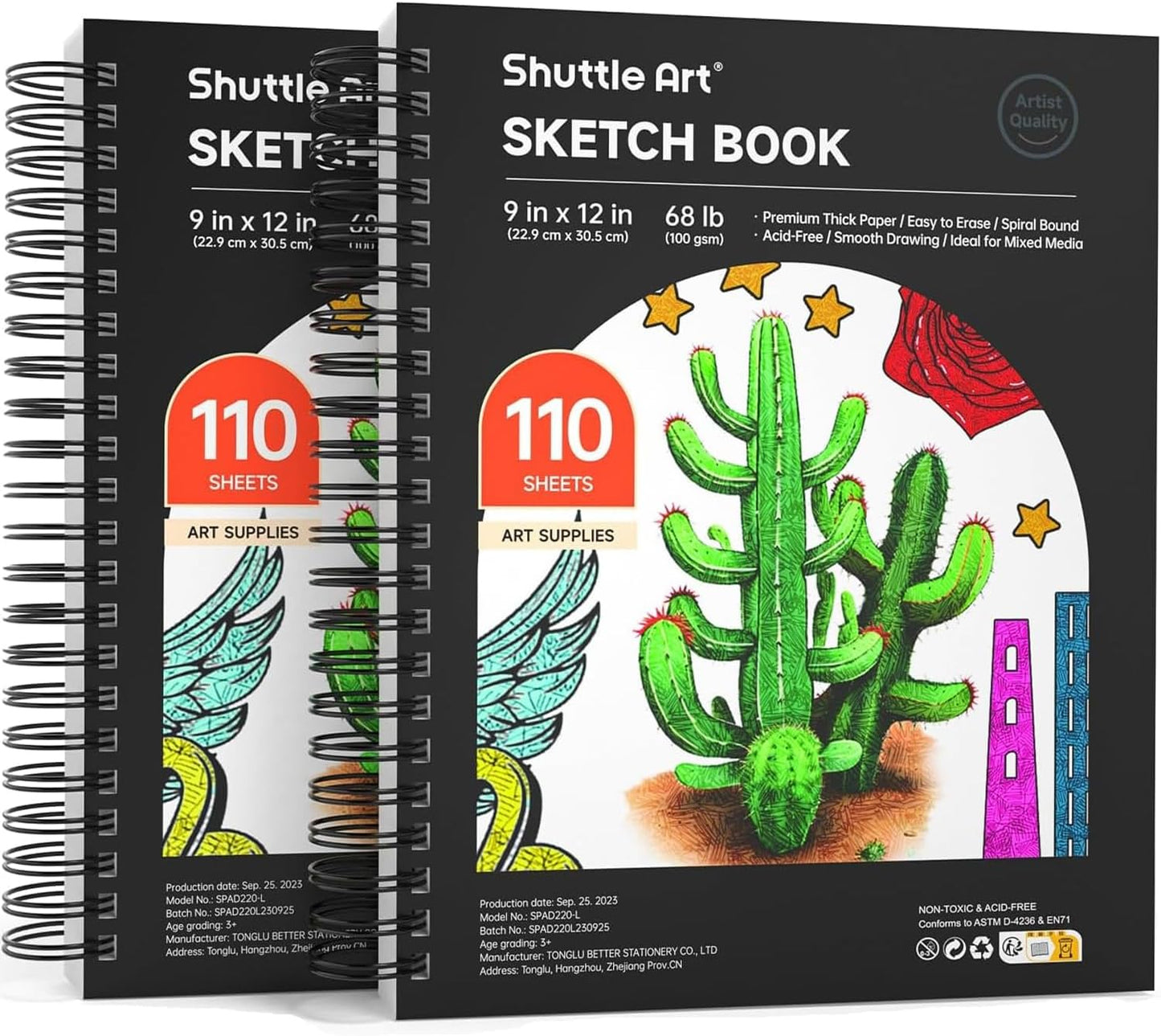Shuttle Art 9x12” Sketchbook, 220 Sheets Total, Pack of 2(110 Sheets Each), 68lb/100gsm Thick Paper, Spiral Bound Mixedmedia Sketch Pad, Acid-free Drawing Pad for Kids Adults Artists Sketching Drawing