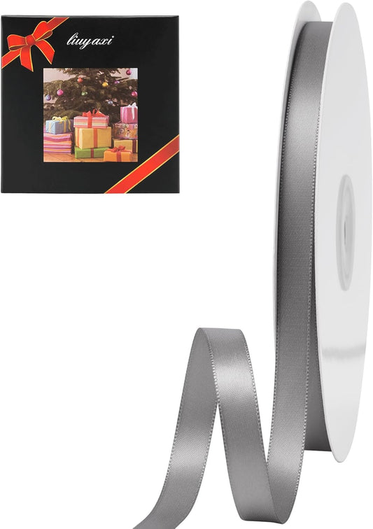 LIUYAXI Silver Double Faced Satin Ribbon, 3/8" X Continuous 100 Yards, Ribbons Perfect for Gift Wrapping Bows Bouquet Wedding Decor DIY Craft and More