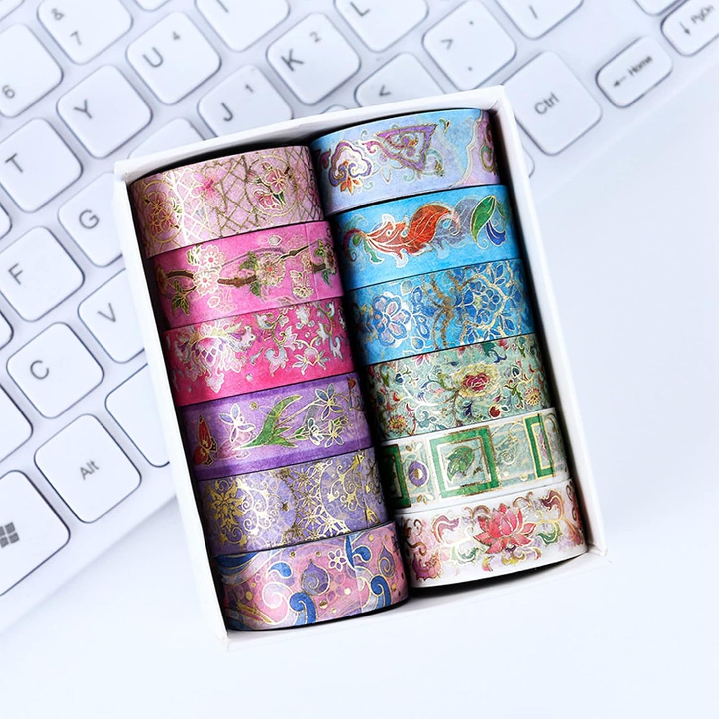 12 Rolls Floral Washi Tape Set, Gold Foil Flower Washi Tape, Botanical Washi Tape for Scrapbooking, Bullet Journal, Planner, DIY Crafts, Gift Wrapping