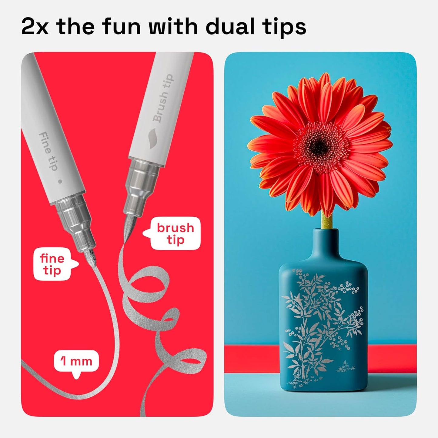 ARTISTRO 2 Silver Dual-Tip Acrylic Paint Pens - Multisurface Metallic Markers for Glass, Rock, Fabric, Wood, Plastic & More - 1 mm Fine & Brush Tips