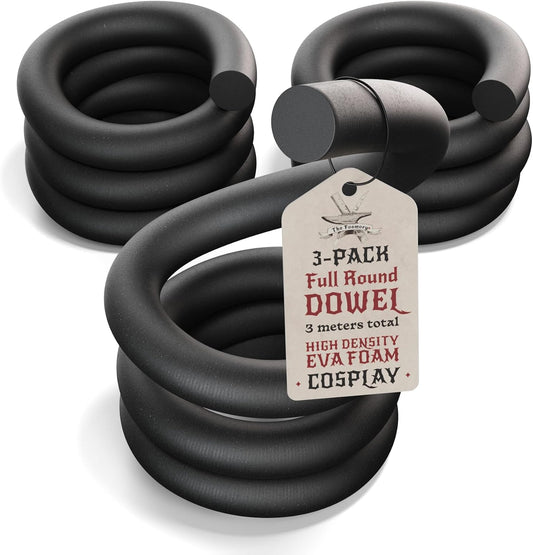 The Foamory's No Waste Full Round EVA Foam Dowels. 3 Pack 5-40mm x 1M High-Density Black Craft Foam Sticks. Pre-Cut, Paint-Ready Cosplay Trim. Time Saving, Bevel Enhances Armor, Weapons and Costumes