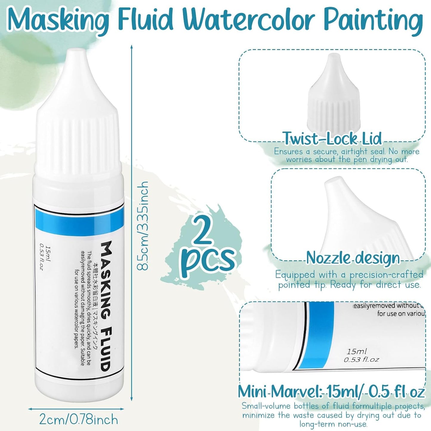 2 Pcs Masking Fluid for Watercolor Painting, 15ml Capacity Bottle with 3mm Applicator Nozzle, Masking Fluid Pen for Various Art Projects Watercolor Ink (White)
