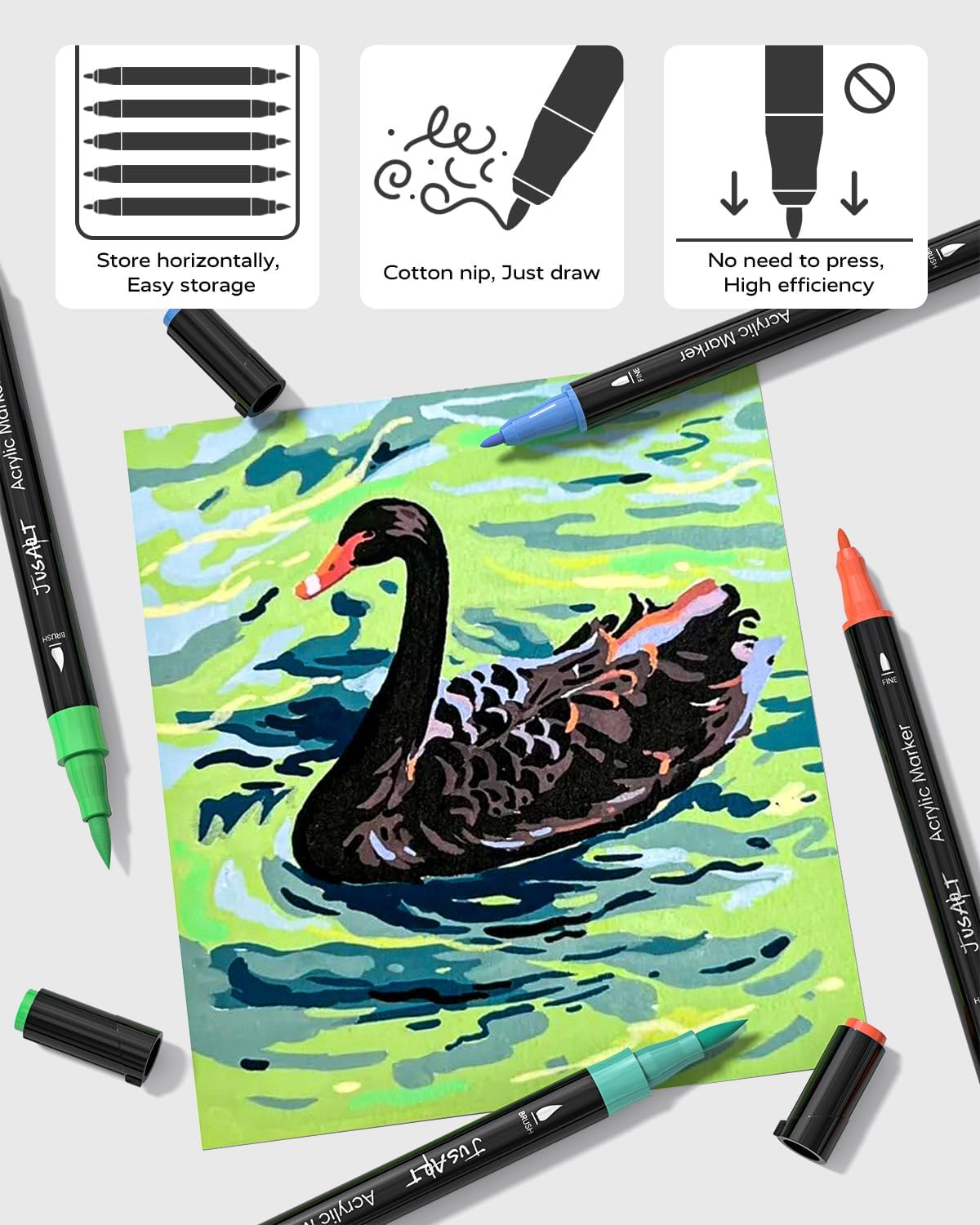 JusArt 36 Colors Dual Tip Acrylic Paint Pens Markers, Brush and Fine Tip, Premium Paint Pens for Wood, Canvas, Egg, Stone, Fabric, Rocks, Metal, Glass, Ceramic, DIY Crafts Making Art Supplies Gifts