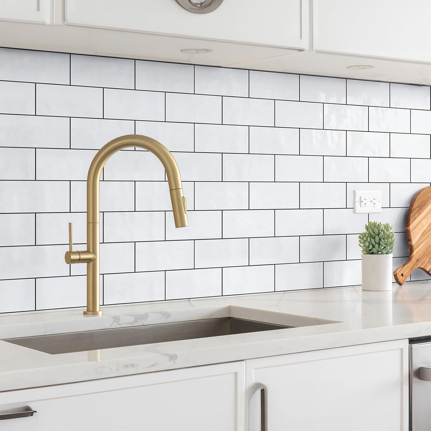 100 Pieces Peel and Stick Backsplash for Kitchen, 3" x 6" PVC Subway Tile 2025 Upgraded Glossy White with Dark Gray Grout Backsplash Stick on Tile Elevate Kitchen, Bathroom, Fireplace,RV