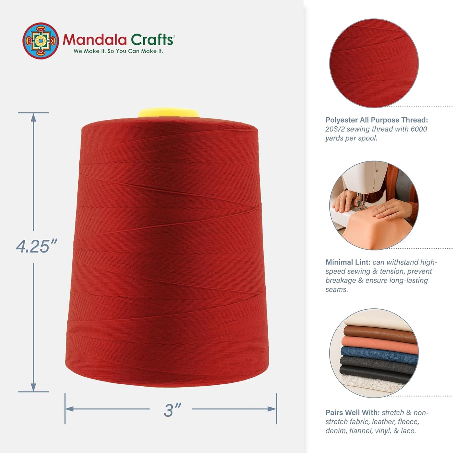 Mandala Crafts 4 Pack of Serger Threads Cones Spools - 20S/2 24000 Yards Polyester Brick Red Threads for Sergers Machine and Overlock Quilting Sewing Machine