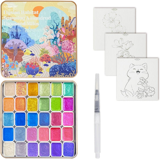 Mini Shifting Watercolor Paint Set, 30 Color Glitter Watercolor Painting Kit, Metallic Watercolor Paints, Solid Water Colors Paint Adult Set, Detail Paint Brush Included, for Artists