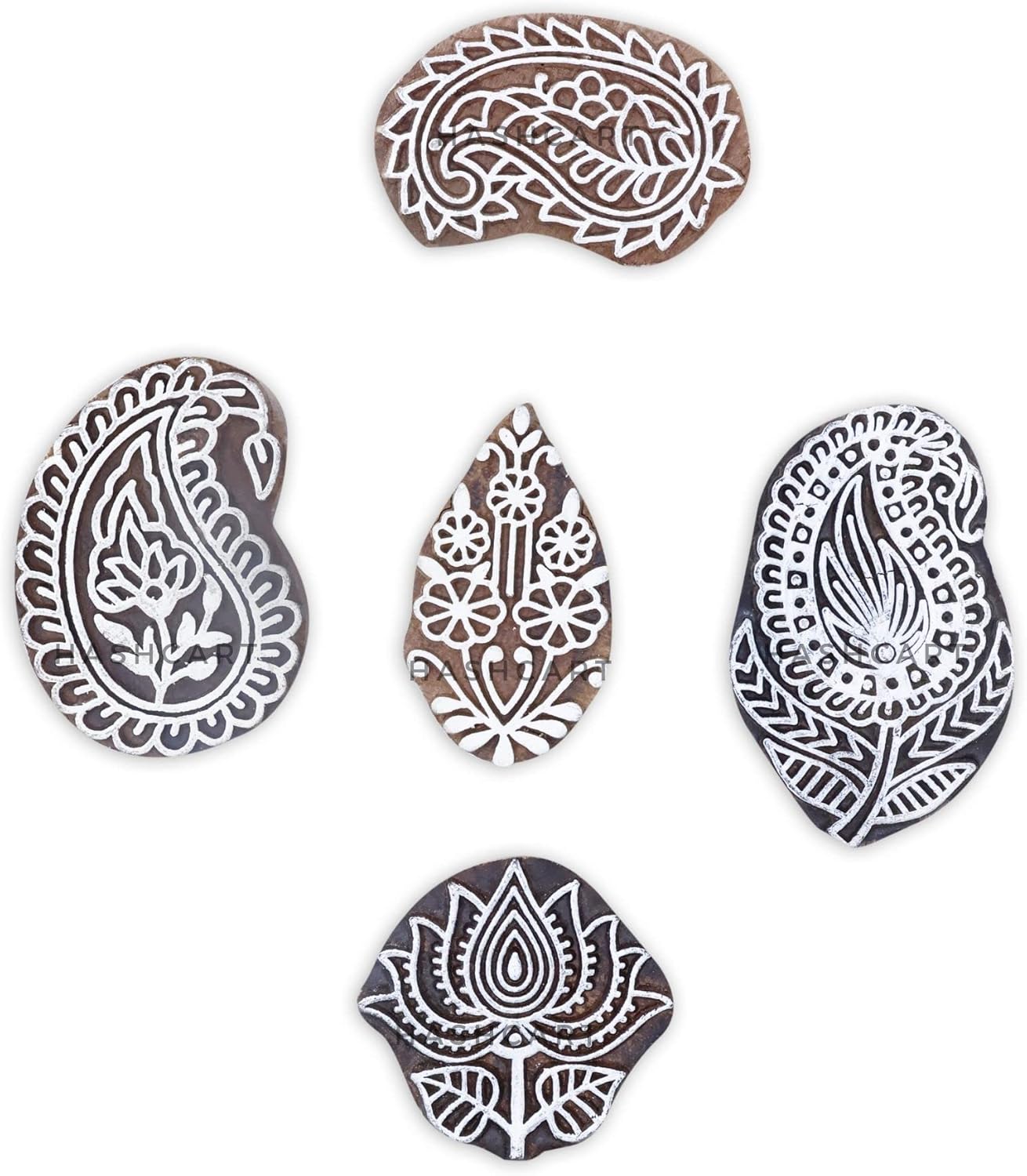 HASHCART® Elegant Designs Flower and Lotus Wooden Block Stamps Set of 5, Handmade Wood Printing Stamps for Kids' Art Projects, Textiles, Fabric, Clay, Henna, Tatotoo, Wood Stamp for Craft