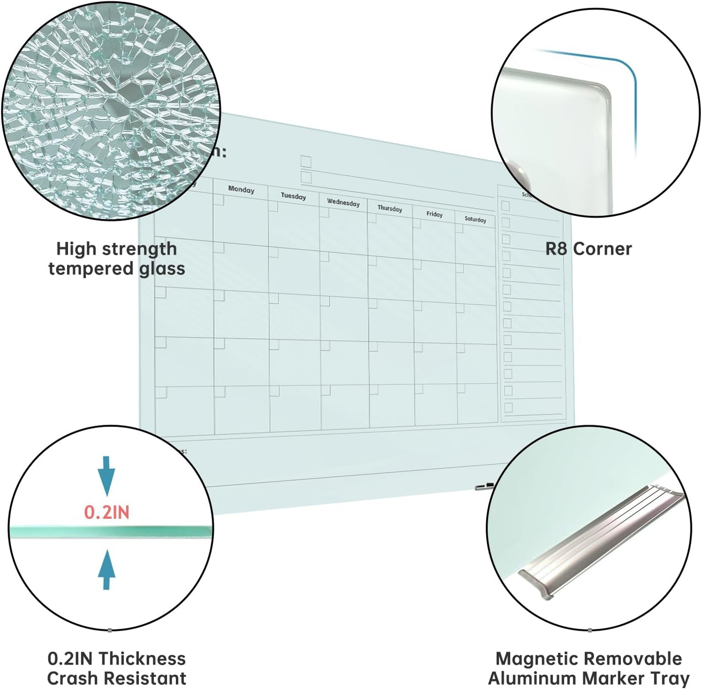 Magnetic Glass Whiteboard - Glass Monthly Calendar Dry Erase Board 48"x36" Large Frameless Glass Board for Walls Office School and Home