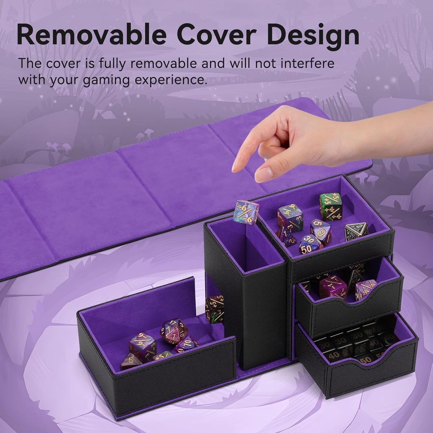 Leather Dice Tray & Tower Storage Box, 3 in 1 Dice Holder Case (Rolling Tray, Tower, Storage Drawers), Magnetic Closure DND Accessories Gifts for RPG MTG, Black/Violet