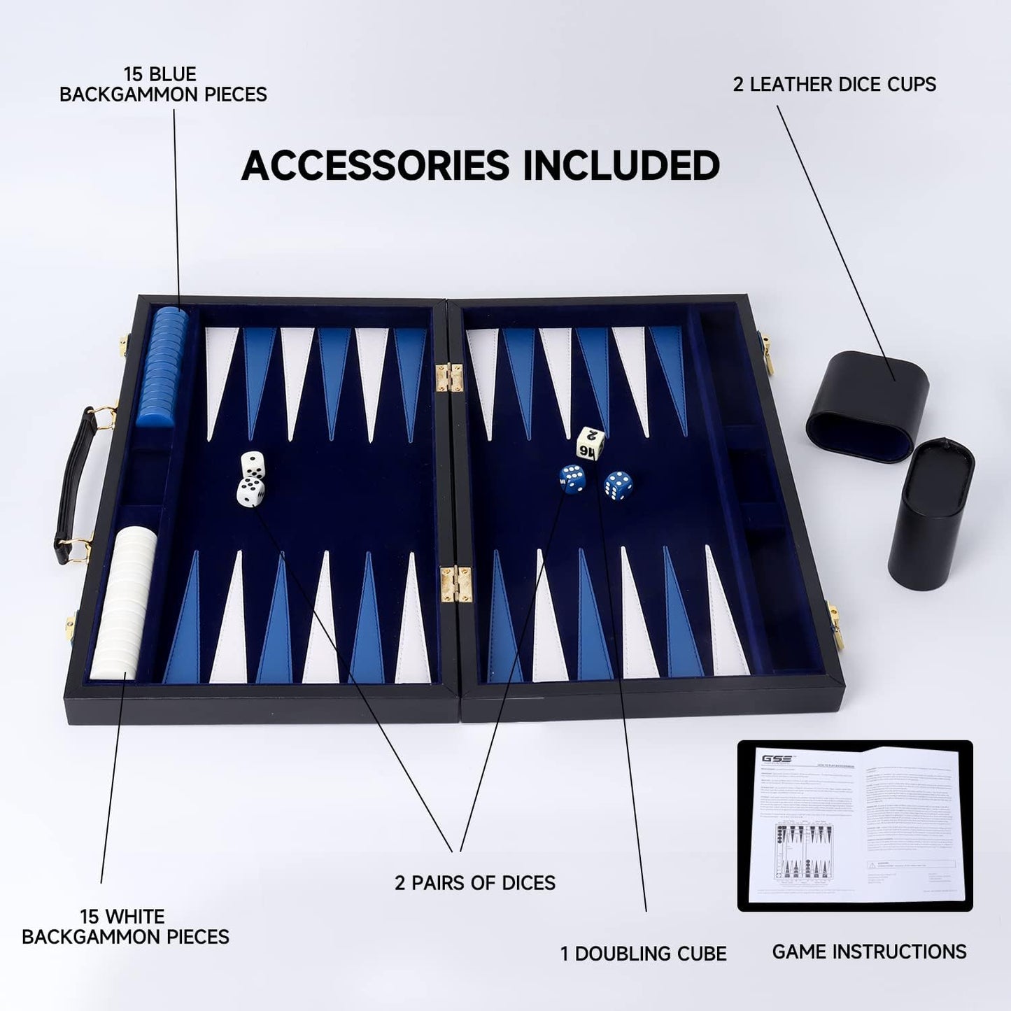 GSE Games & Sports Expert Premium Leather Backgammon Board Game Set, Classic Backgammon Game Set with Leather Case, Travel Folding Board Game (Black&Blue, Large)