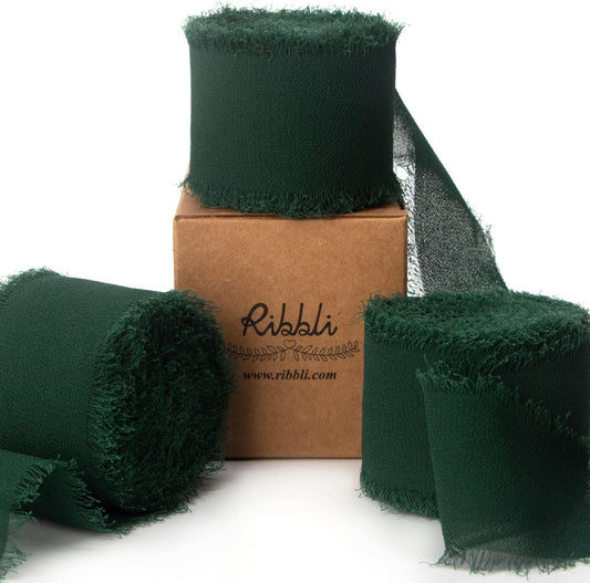 Ribbli Forest Green Chiffon Silk Ribbon, 1.5 Inch x 30 Yard - Handmade, Fringe, Wedding Invitations, Gift Wrapping, Bridal Bouquets, Flower Arrangement