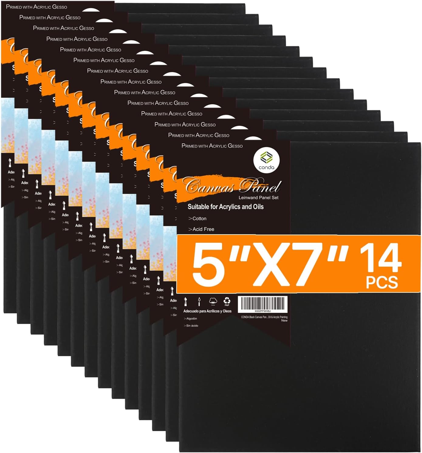CONDA Black Canvas Panels 5x7 inch, Pack of 14, 100% Cotton Acid-Free, 8 oz Gesso-Primed, Art Boards for Oil & Acrylic Painting