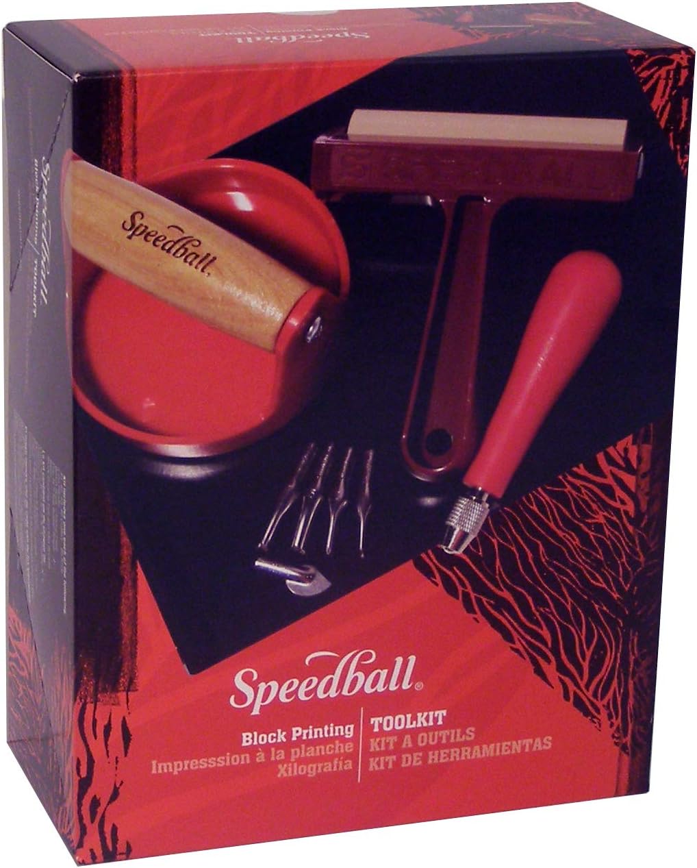 Speedball Block Printing Tool Set (4-Piece) - Includes Linocut Carving Tool, Roller Brayer, Printmaking Baren, and Bench Hook - Made in USA