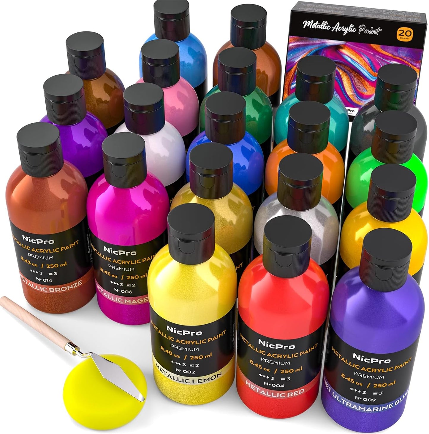 Nicpro Metallic Acrylic Paint Set (8.45 oz, 250 ml), 20 Colors Large Acrylic Paint Bulk, Non Toxic Art Painting Supplies for Multi Surface Canvas Rock Wood Leather Stone Metal Craft with Color Wheel