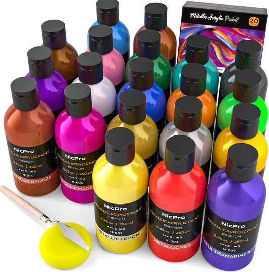 Nicpro Metallic Acrylic Paint Set (8.45 oz, 250 ml), 20 Colors Large Acrylic Paint Bulk, Non Toxic Art Painting Supplies for Multi Surface Canvas Rock Wood Leather Stone Metal Craft with Color Wheel