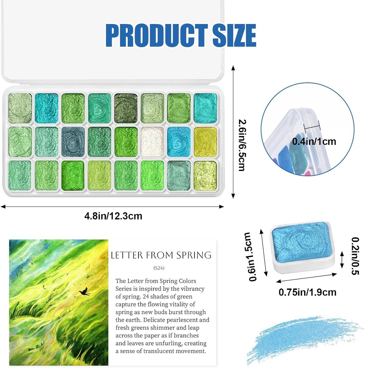 Mini Glitter Watercolor Paint Set with Paper, 24 Colors Shimmer Metallic Watercolour Painting Sets, Solid Pearl Water Color Paints for Adult, Kids, Green 1ml Trial Pack(Letter from Spring)