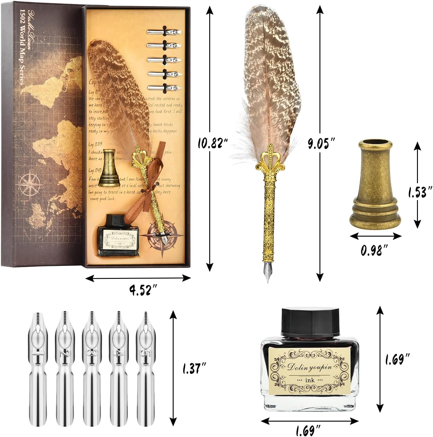 Hethrone Quill Pen Ink Set - Calligraphy Pen Ink Set Includes Feather Pen with Ink, Pen Holder and 5 Replacement Nibs Holiday Ideal Gifts (Brown)