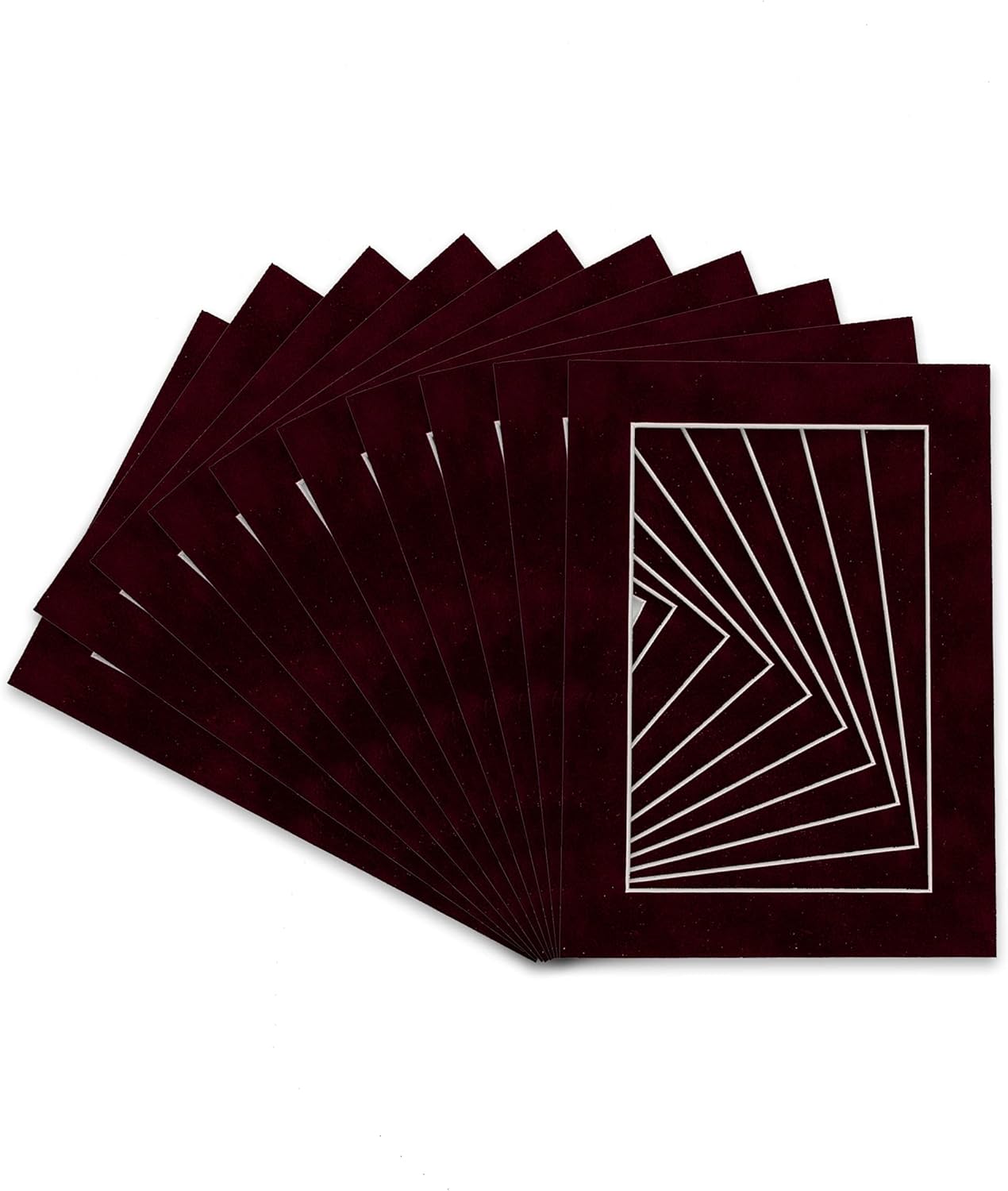 Pack of Ten Acid Free 11x14 Mats Bevel Cut for 8.5x11 Photos - Dark Red Suede Precut Matboards With Backing Boards and Self Seal Photo Mat Bags For Pictures, Photos, Framing - 4-ply Thickness